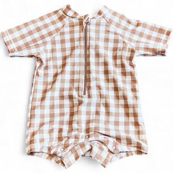 Mebie Baby Brown White Short Sleeve Gingham One Piece Rashguard Swimsuit 3-6M - Picture 1 of 5